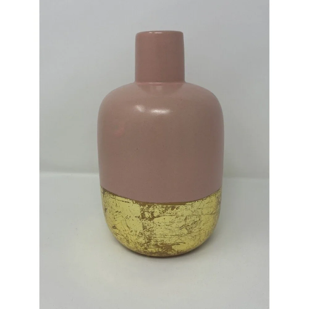 Vintage Pier 1 Blush Pink And Gold Pottery Vase Dipped Gold Metallic, Retired